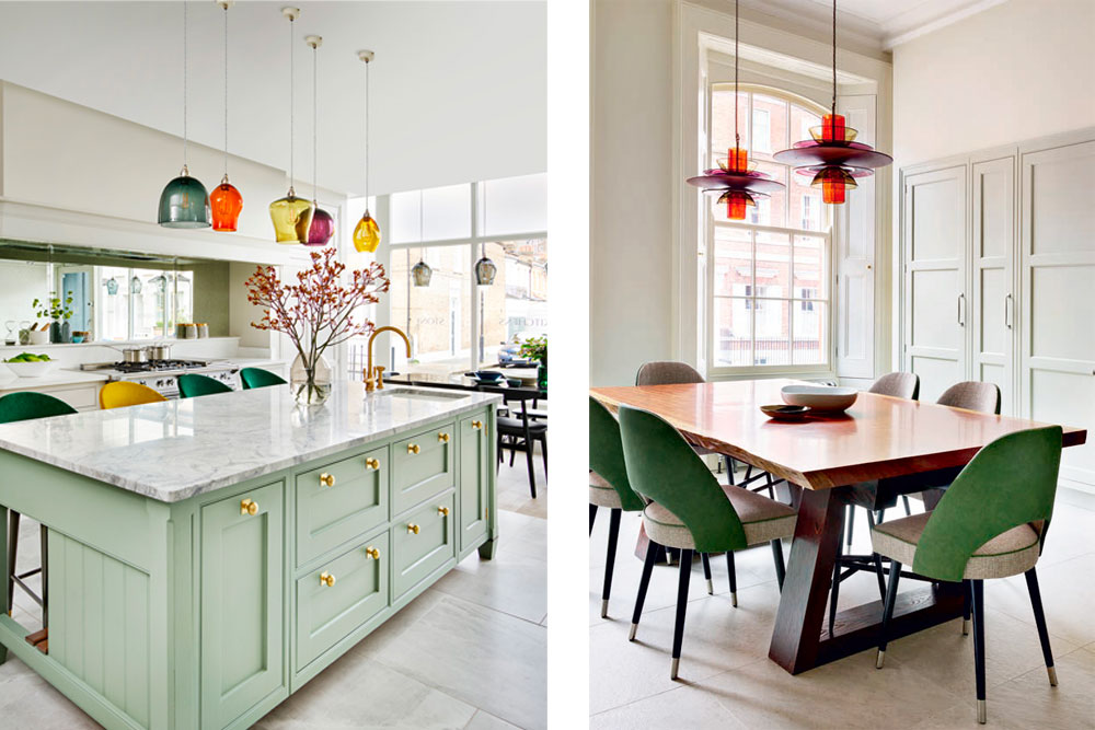 Ecclectic collection of colourful hand-bown glass pendant lights over a shaker style kitchen island hand-made by Martin Moore Kitchens.