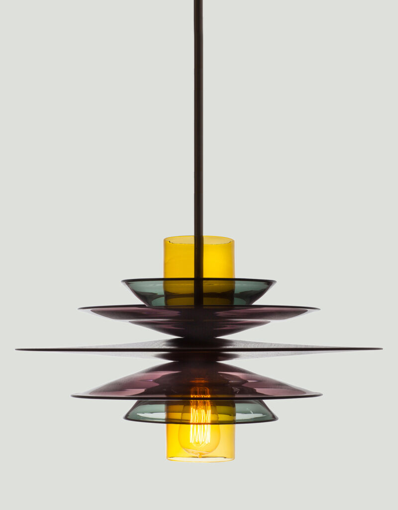 Large hand-made wood and layered hand-blown glass statement pendant light in yellow, grey, and purple.