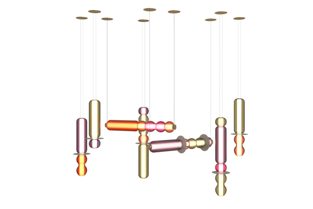 Hand-made glass beam pendant light chandelier designed bespoke for Martin Moore's Notting Hill, London Showroom.