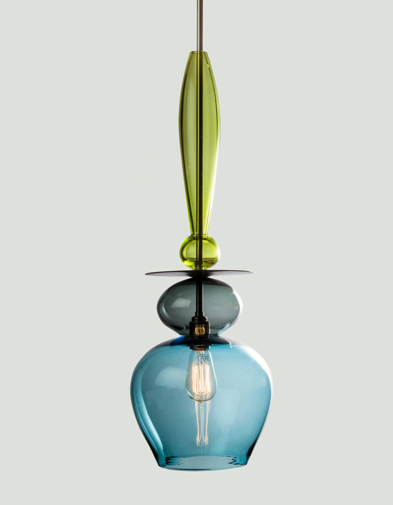 Blue and green large decorative hand-blown glass pendant light scuplture. Hand-made to order in the UK.